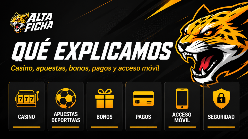 Imagen de Altaficha con los temas principales del sitio: casino, apuestas deportivas, bonos, pagos, acceso móvil y seguridad