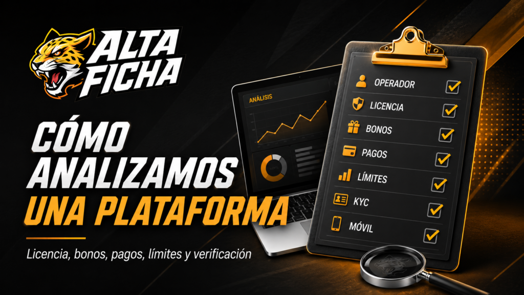Imagen sobre el análisis de plataformas en Altaficha con revisión de licencia, operador, bonos, pagos, límites, KYC y acceso móvil