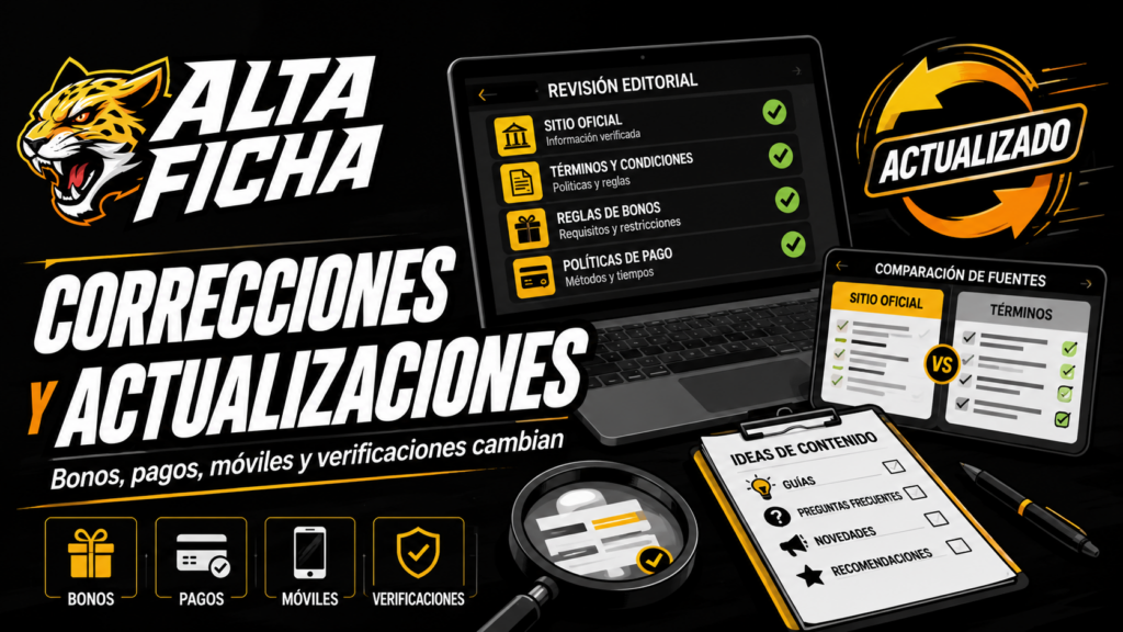 Revisión editorial de Altaficha con actualización de bonos, pagos, móviles, verificaciones y propuestas de contenido