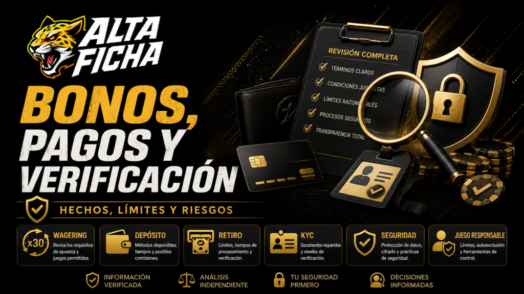 Imagen de Altaficha sobre análisis de bonos, pagos, retiros, KYC, seguridad y juego responsable